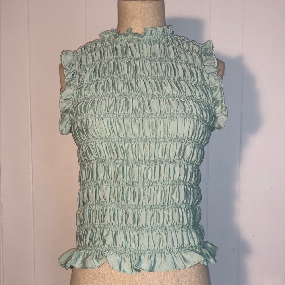 Express Green Smocked Ruffled Sleeveless Blouse